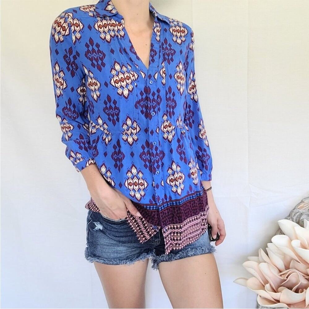 Anthropologie Maeve Woodland Walk Blue Boho Popover Button Top Size 8 - Picture 2 of 15